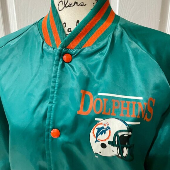 NFL MIAMI DOLPHINS VINTAGE 80’ RETRO BOMBER SATIN JACKET TEAL/ORANGE Sz L TRENDY - Picture 15 of 16